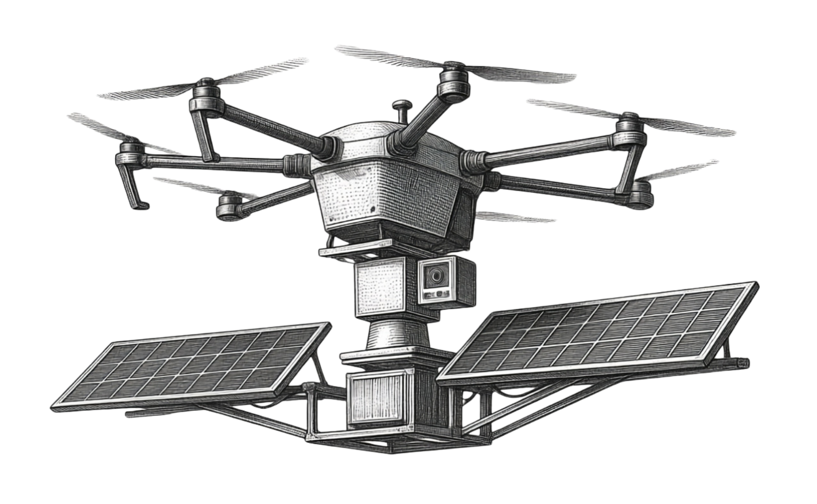 ReconHop solar-powered PTZ observation node carried by a drone, with a pan-tilt camera and two solar panels mounted on an aluminum frame.