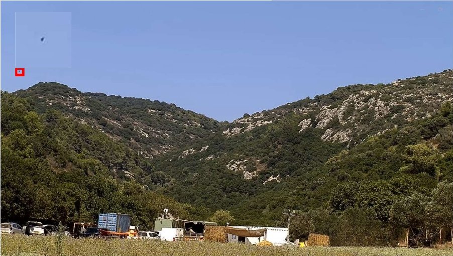 Drone detection field test: Frame of a valley with a drone detected from the south, marked by a red box and zoom inset