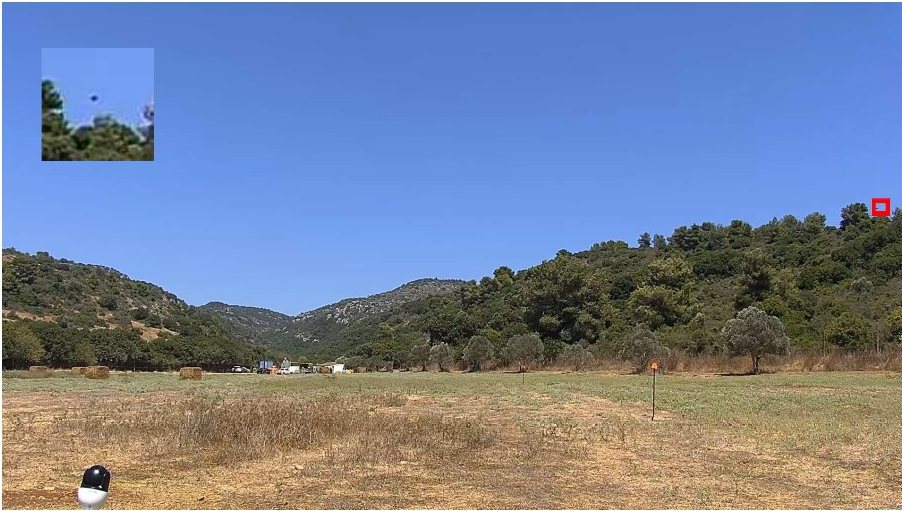 Drone detection field test: PTZ camera view of a field and hillside with the drone marked on the ridge