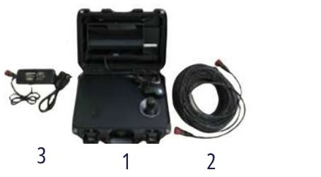 Drone detection field test: ReconOps control unit in its rugged carry case, with a mains power adapter and a 30 metre tactical communication cable