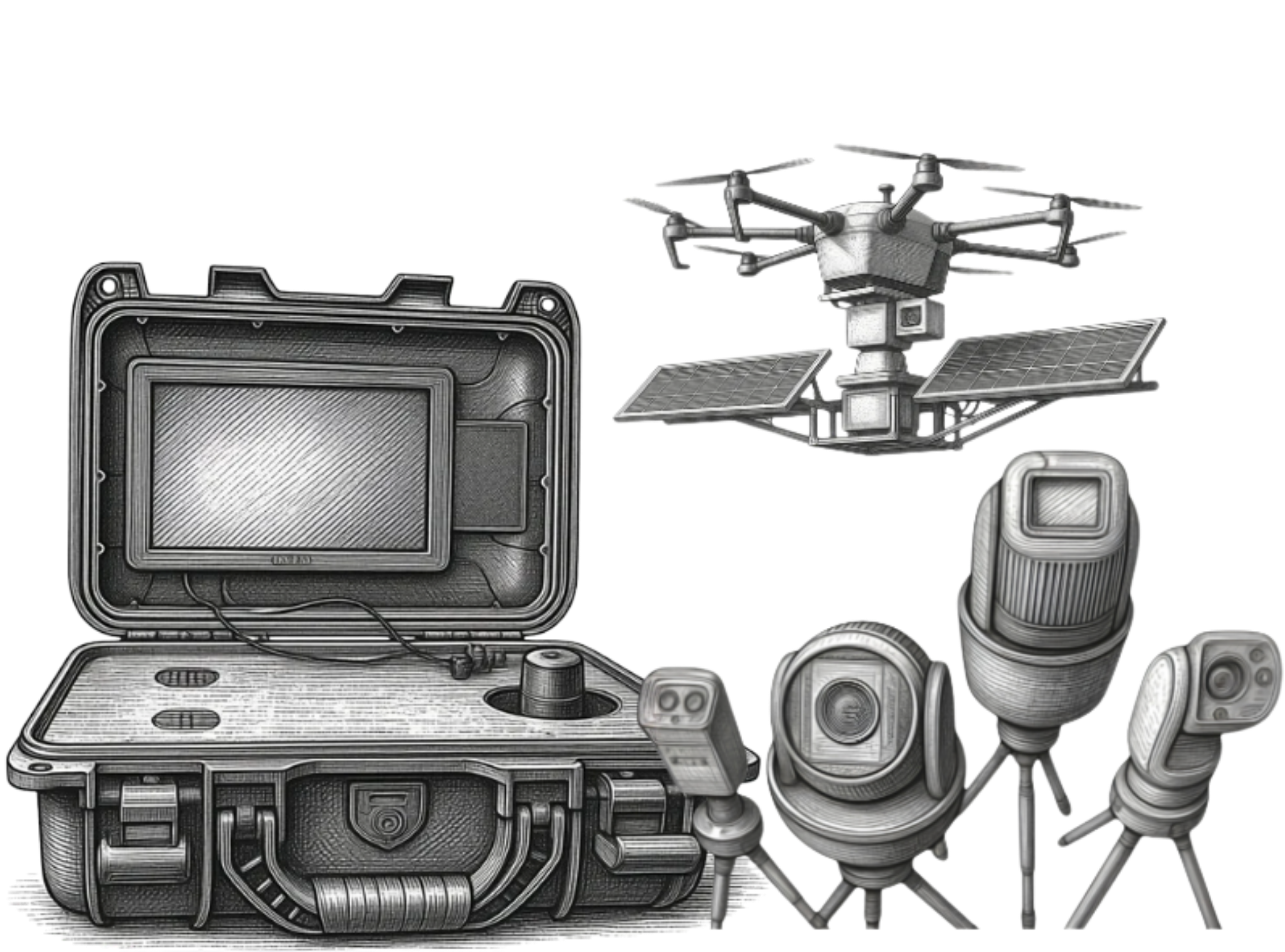 Mission intelligence: Engraving-style illustration of the Reconleap system: a rugged open case with a display, a drone carrying a solar-panel payload with a camera, and three tripod-mounted cameras.